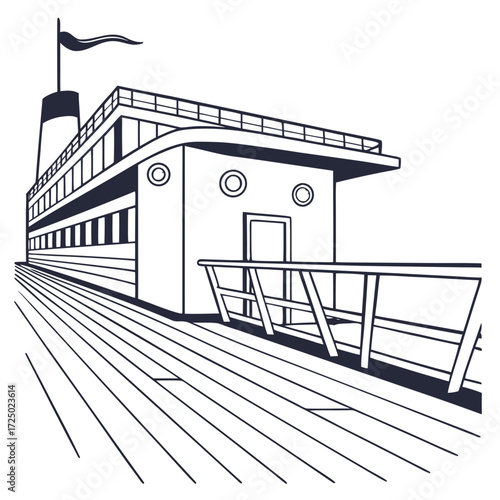 Illustration of a classic steamboat with a smokestack and flag, viewed from the deck, showcasing the ships architecture and design