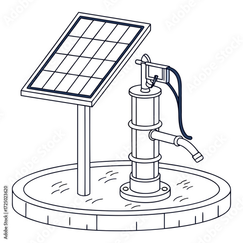 Illustration of a solarpowered water pump, combining a solar panel with a traditional hand pump, promoting sustainable water solutions