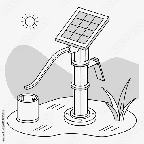 Illustration of a solarpowered water pump with a sun in the background, showcasing sustainable technology for water extraction