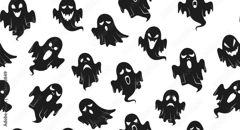 Obraz premium Halloween seamless pattern cute ghosts in black silhouette style for decoration and wrapping paper