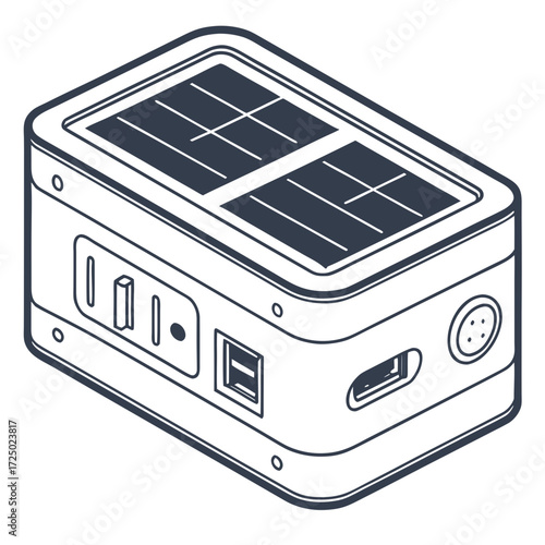 Vector art of isometric line art illustration of a compact solar generator with multiple ports, perfect for illustrating offgrid power solutions or emergency preparedness