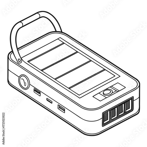 Vector art of isometric line art illustration of a portable solar power bank with a handle, perfect for illustrating renewable energy or mobile charging solutions