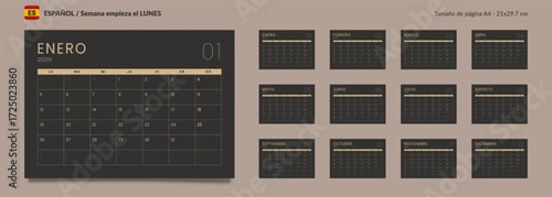 2026 Spanish language Set of Monthly pages Calendar Planner Templates. Vector layout of a wall or desk simple calendar with week start Monday in dark color for print. Pages size A4 21x29.7cm