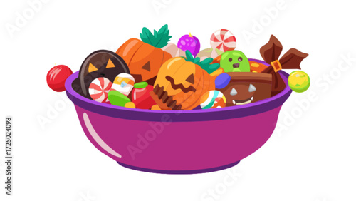 Halloween candy bowl vector illustration with pumpkins lollipops chocolate and other sweets for trick or treat