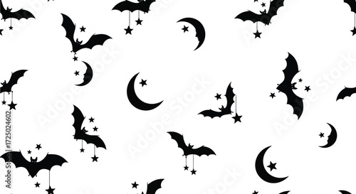Seamless pattern with bat, moon and star for halloween celebration, spooky and scary design for textile