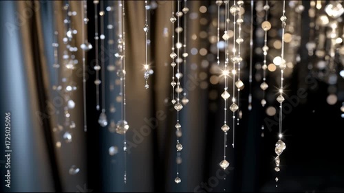 Long threads with transparent crystals hang from above, reflecting light and sparkling against a dark curtain background