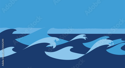 Vector art of stylized illustration of ocean waves in various shades of blue, depicting a dynamic seascape with a clear sky above