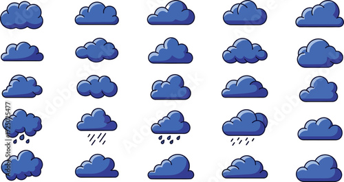 Vector art of collection of blue cartoon clouds with different shapes and some with rain