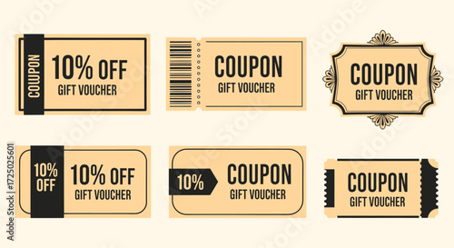Vector art of collection of six vintagestyle coupons and gift vouchers offering 10 off, presented on a light beige background
