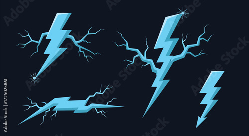 Vector art of collection of stylized blue lightning bolts and electrical discharges against a dark background, representing energy and power