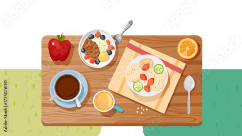 Healthy breakfast food flat lay vector illustration with coffee, fruit, pancakes and oatmeal bowl