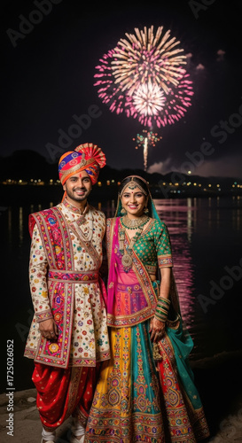 Happy indian rajasthani couple in traditional attire posing on diwali festival