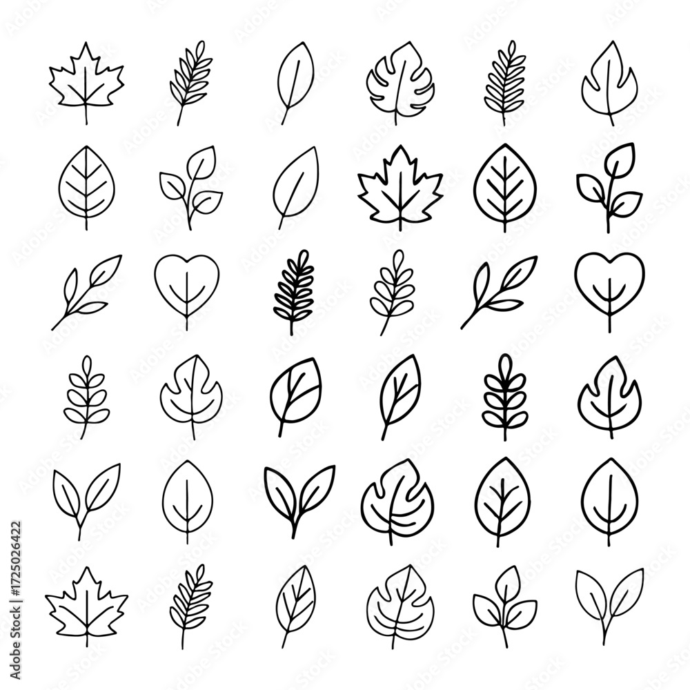 Fototapeta premium Set of Minimalist Leaf Icons - Vector Nature Illustrations