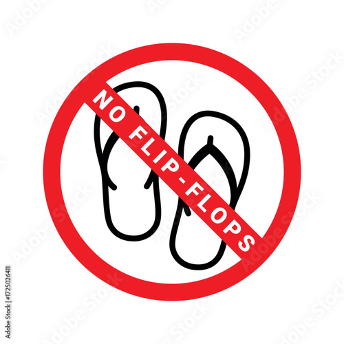 No flip-flops allowed sign. Black beach sandals crossed by a red prohibition circle. Vector illustration of forbidden open footwear, warning symbol for safety and dress code rules.