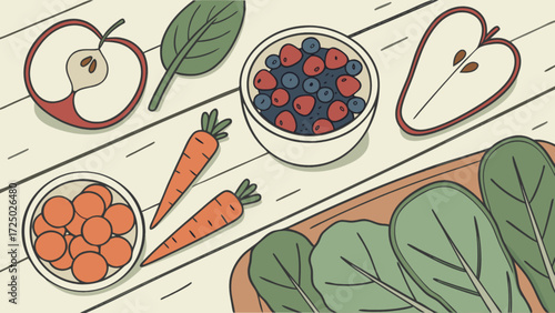 Healthy food illustration of fruits vegetables and berries for diet and nutrition concept design vector art