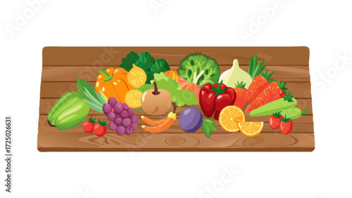 Fresh produce display of fruits vegetables on wooden board healthy eating concept for market or farm stand