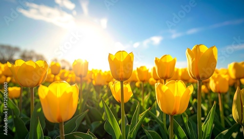 Vibrant yellow tulips in a sunny field