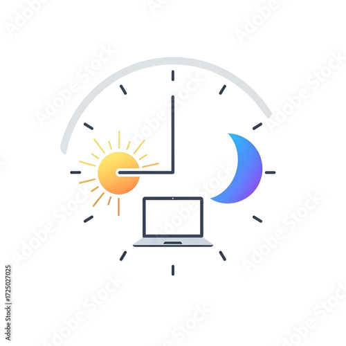 Sun and Moon icons with laptop icon set, round clock indicating day and night cycle