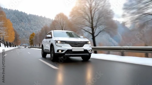 Experience a smooth ride on a snowy road as a stylish white SUV navigates through a breathtaking winter landscape