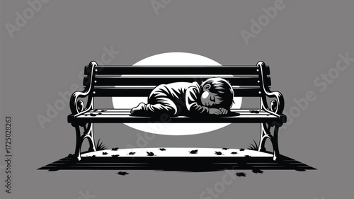 Vulnerable child sleeping soundly on park bench, a poignant black and white moment evoking safety, loneliness, or peaceful rest in monochrome