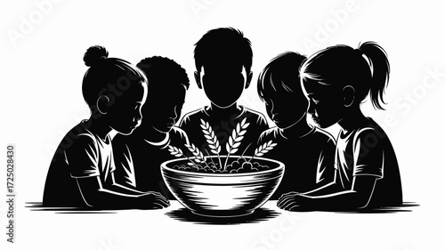 Diverse children excitedly observe seedlings growing in a bowl, fostering hope for a brighter future with community and nurturing growth together