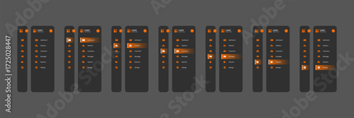 Modern and minimalistic dashboard menu interface design set. Clean user interface (UI) with sidebar navigation, icons, and menu items for managing admin panels. Suitable for UX/UI projects.