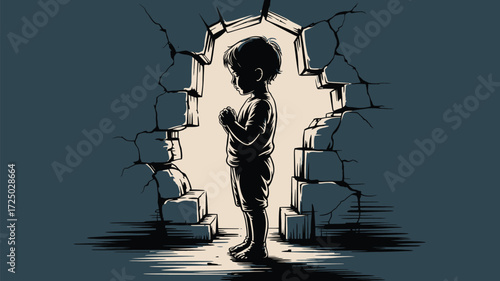 Young boy sincerely praying, standing within a broken stone archway, seeking hope and solace in a moment of quiet reflection and faith in dark times