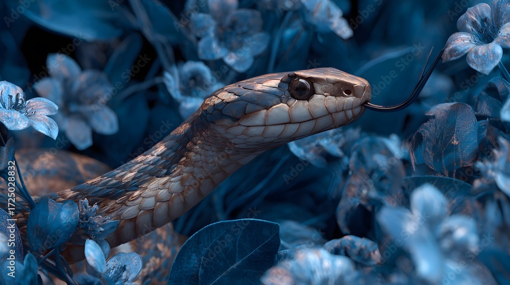 Obraz premium Snake in alert position, tongue out, surrounded by rich blue jungle flora, dim light