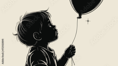Sweet innocence a child's wonder as they gaze at a balloon with star, evoking happiness, dreams, and simple joys of childhood, a timeless moment