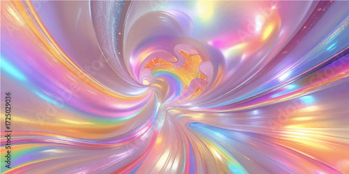 An abstract fractal background with a colorful, swirling rainbow design and glowing stars