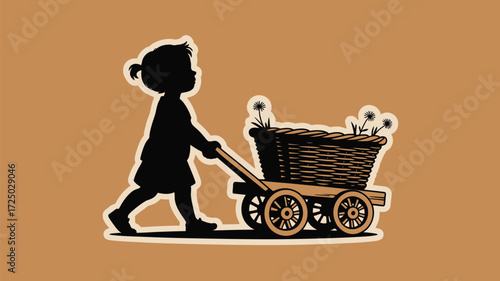 Adorable silhouette of a little girl pulling a wagon filled with flowers, evoking childhood innocence and simplicity, perfect for heartwarming designs