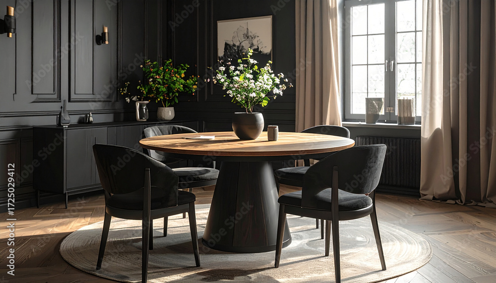 Obraz premium Elegant dining room featuring a black paneled wall, dark furniture, and a round wood table. Light cream curtains soften the look. 