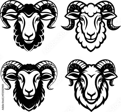 Four black and white sheep head silhouettes, Four black sheep heads with different wool textures in a symmetrical arrangement on a white background