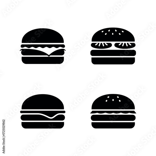 Four distinct black silhouette icons of delicious cheeseburgers and hamburgers with various toppings isolated on transparent background