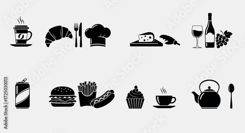 Collection of black food and drink silhouette icons including coffee croissant chef hat bread wine soda burger fries hot dog cupcake tea and teapot isolated on transparent background