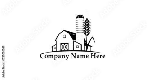 Rustic farm building silhouette featuring a barn and silo with a wheat stalk perfect for agricultural branding and country themes isolated on transparent background