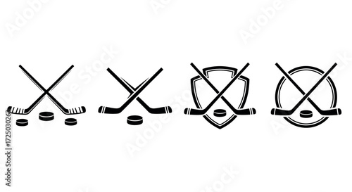 Collection of four hockey themed graphic elements in silhouette style featuring crossed hockey sticks and pucks isolated on transparent background