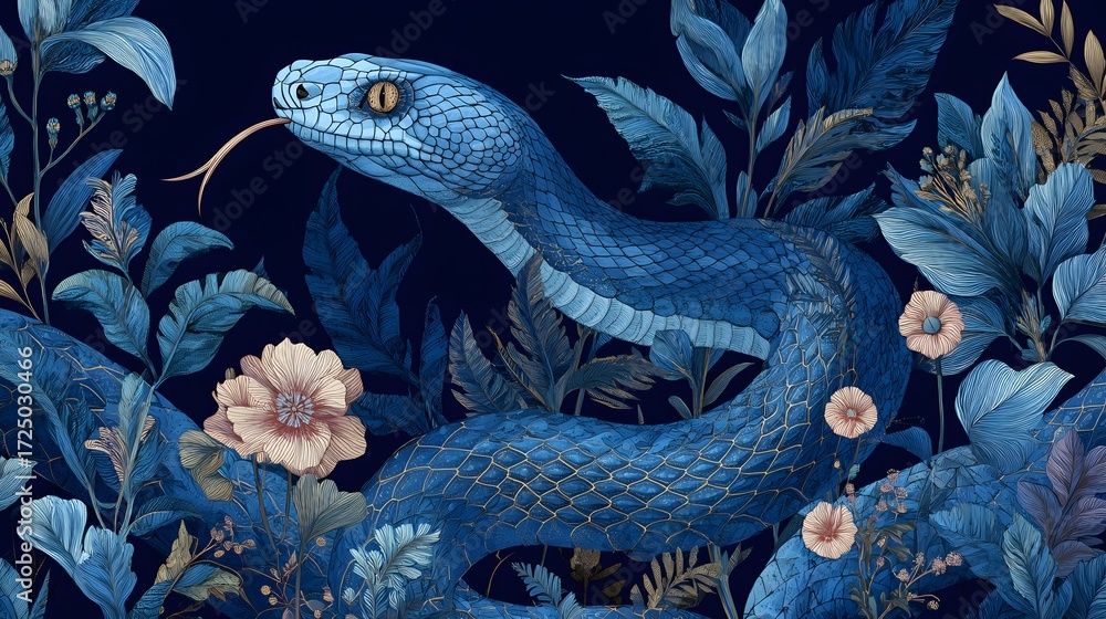 Fototapeta premium Stylized snake with its tongue out, camouflaged in dark blue botanical setting