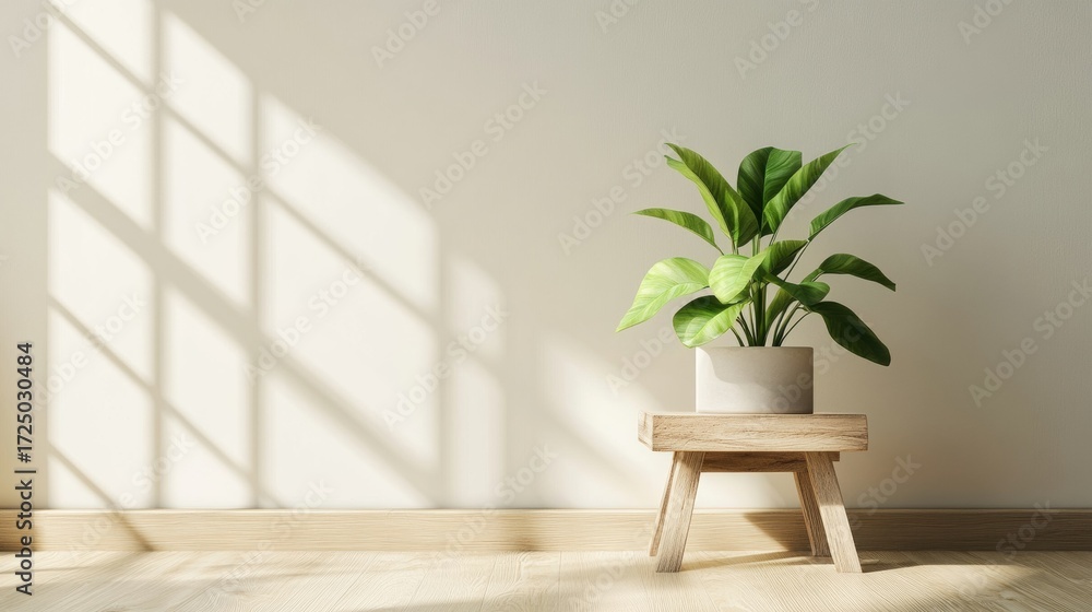 Fototapeta premium Indoor plant in stylish pot casting shadows on wall