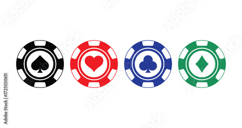 Poker chips icons vector set. Casino poker chip symbol. Gamble graphic elements collection. Gambling coins, tokens with card signs, poker chips.