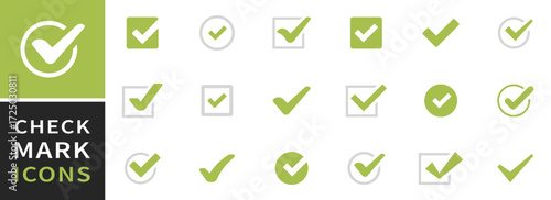 Check mark vector icon set. Checked check box sign. Approved symbol. Green checkmark isolated on white background. Correct vote choise. Vector Illustration. EPS 10