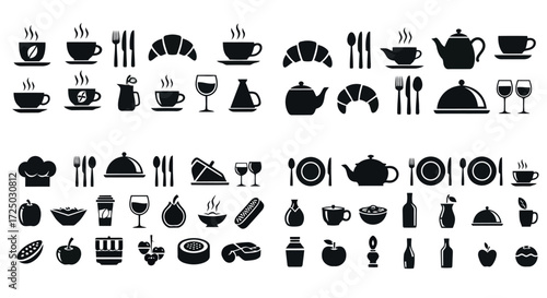 Collection of black food and drink icons in silhouette style isolated on transparent background for restaurant cafe and catering services