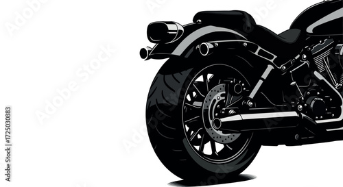 Close up of a black motorcycle rear wheel and fender with chrome accents and taillight in a bold graphic silhouette isolated on transparent background