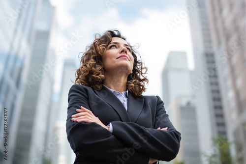 Une femme d’affaires au regard déterminé, vêtue d’un tailleur élégant devant des immeubles