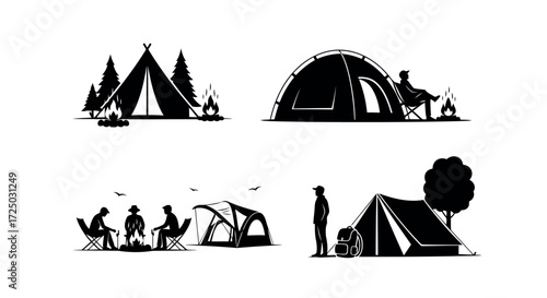 Set of four black and white camping scenes in a silhouette style showing tents trees people and campfires isolated on transparent background