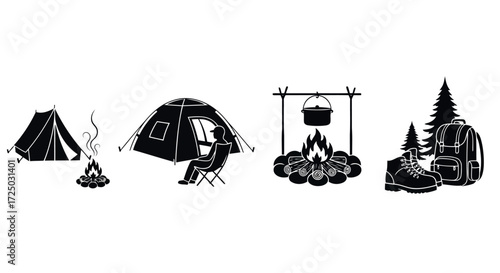 Collection of outdoor camping icons and illustrations in a black silhouette style isolated on transparent background