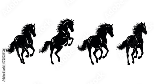 Four powerful black horse silhouettes in motion galloping and rearing with flowing manes isolated on transparent background