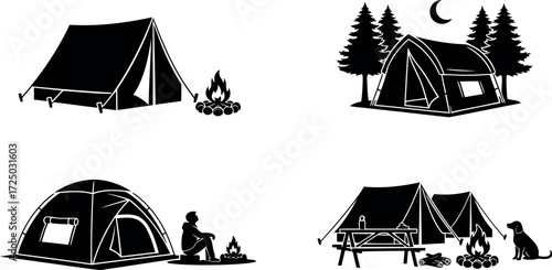 Collection of four distinct camping tent illustrations in a bold black silhouette style each isolated on a transparent background depicting various outdoor scenes and activities isolated on transparen