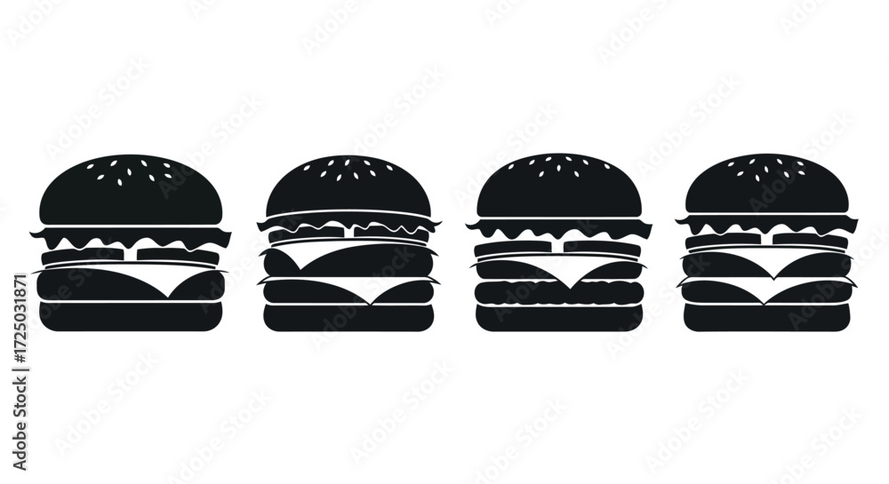 Fototapeta premium Four stylized black hamburger silhouettes with layered ingredients displayed in a row isolated on transparent background