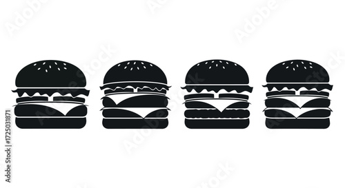 Four stylized black hamburger silhouettes with layered ingredients displayed in a row isolated on transparent background
